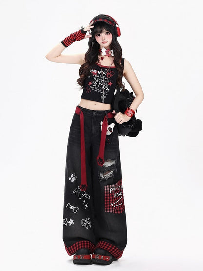 Distressed Straight-Leg Plaid Jeans with Embroidery and Belt - CRAZY GIRL