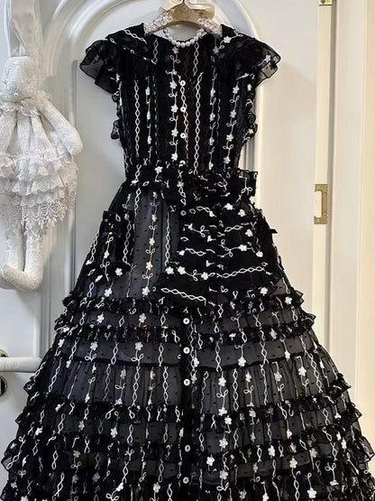 Floral Ear with Overdress Ruffled Pattern Hood Lolita Black Bunny