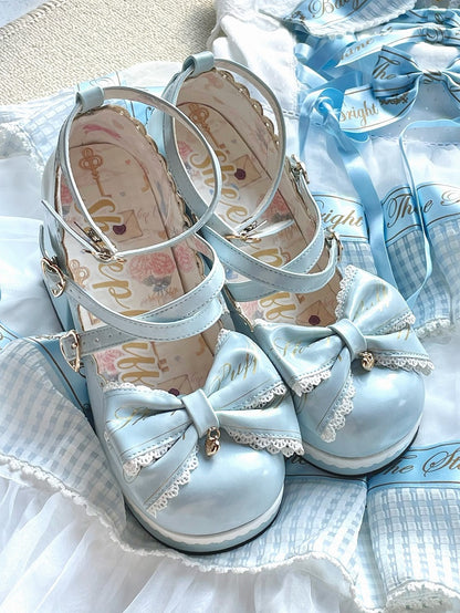 Heels Herz am Block Hohe Schnallen Blaue Schleife Kreuzmuster Abnehmbares Oberteil