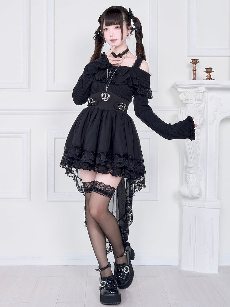Inverted High-Low Two-Piece Waist Basque Black with Kei Dress: Jirai Off-Shoulder Faux Hem
