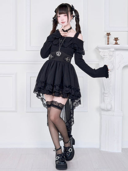 Inverted High-Low Two-Piece Waist Basque Black with Kei Dress: Jirai Off-Shoulder Faux Hem