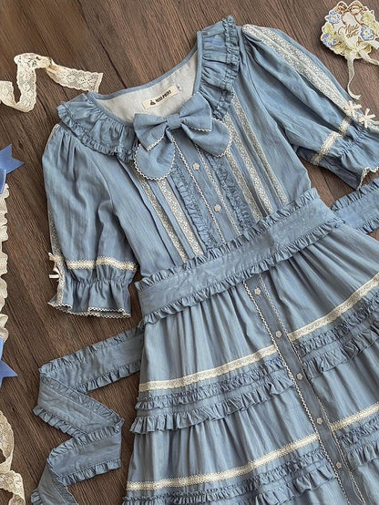 Blue Layered Ruffles Elegant Lolita Dress Front Button Placket - Miss Point