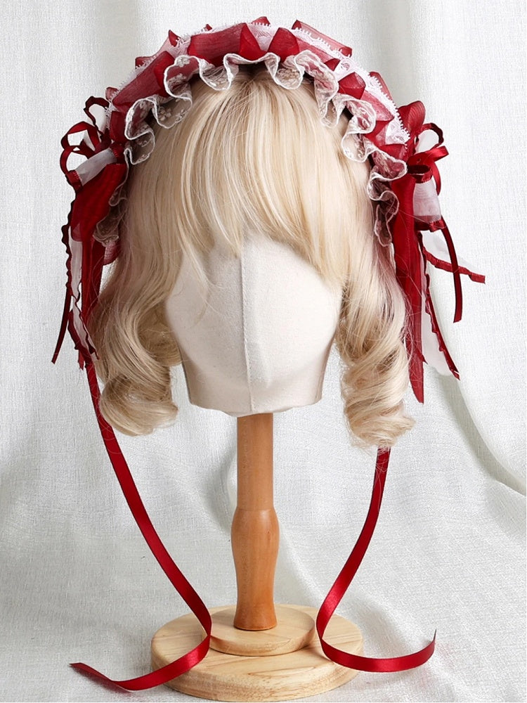 White Ribbon Lace Hairband Ruffled Red