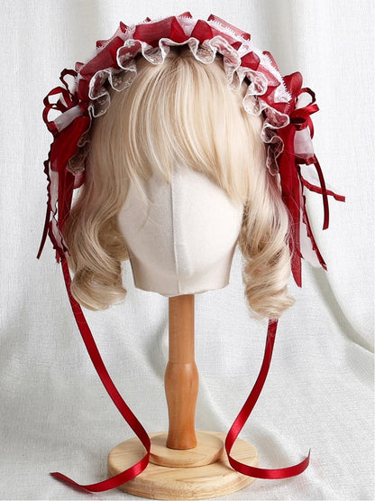 White Ribbon Lace Hairband Ruffled Red