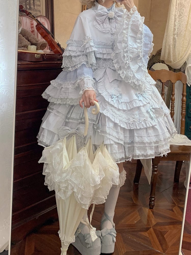 Set Baby Dress + Under Cape Lolita Blouse Sleeves Blue Full Dollcore Bell Bust - JSK