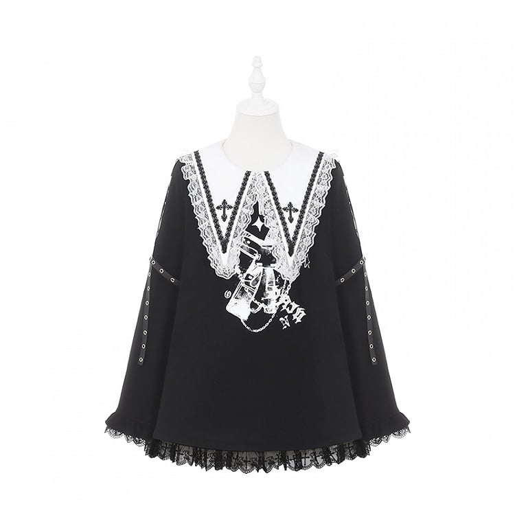 with Black Top: Criss-Cross Cross Pointed Harajuku Style Collar White Jirai Straps Kei Sleeve