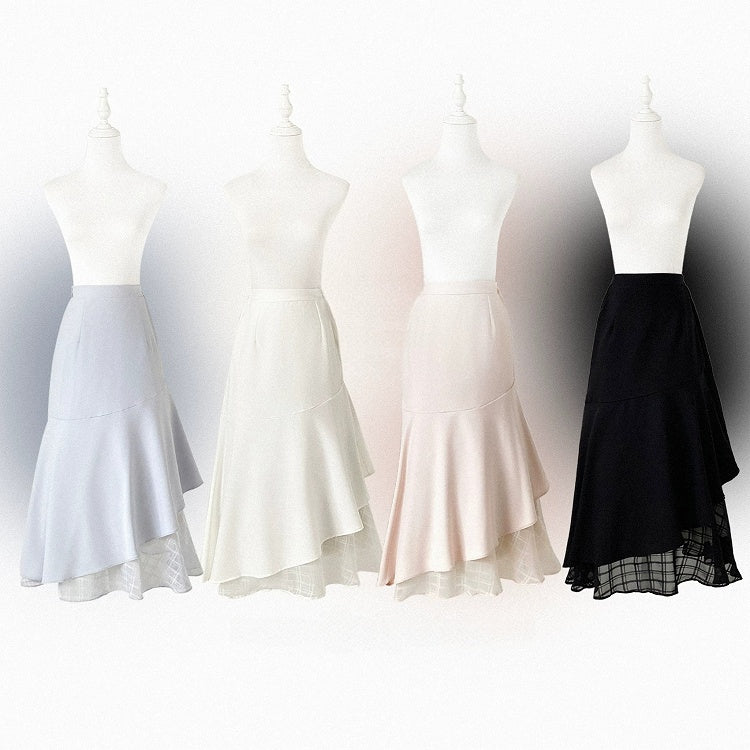 Asymmetrical Mermaid Skirt with Plaid Tulle, Seiso Style, 4 Colors - Kitty Bxllet