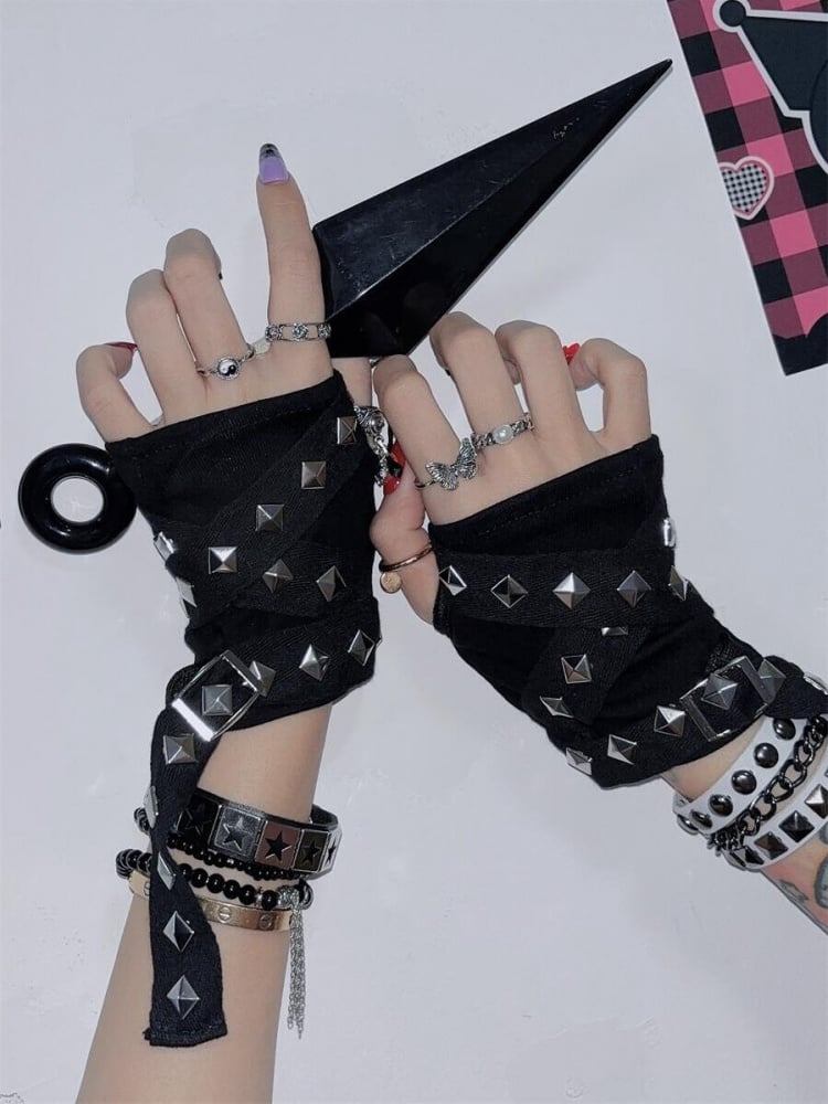 Studs Black Punk Techwear Glovers