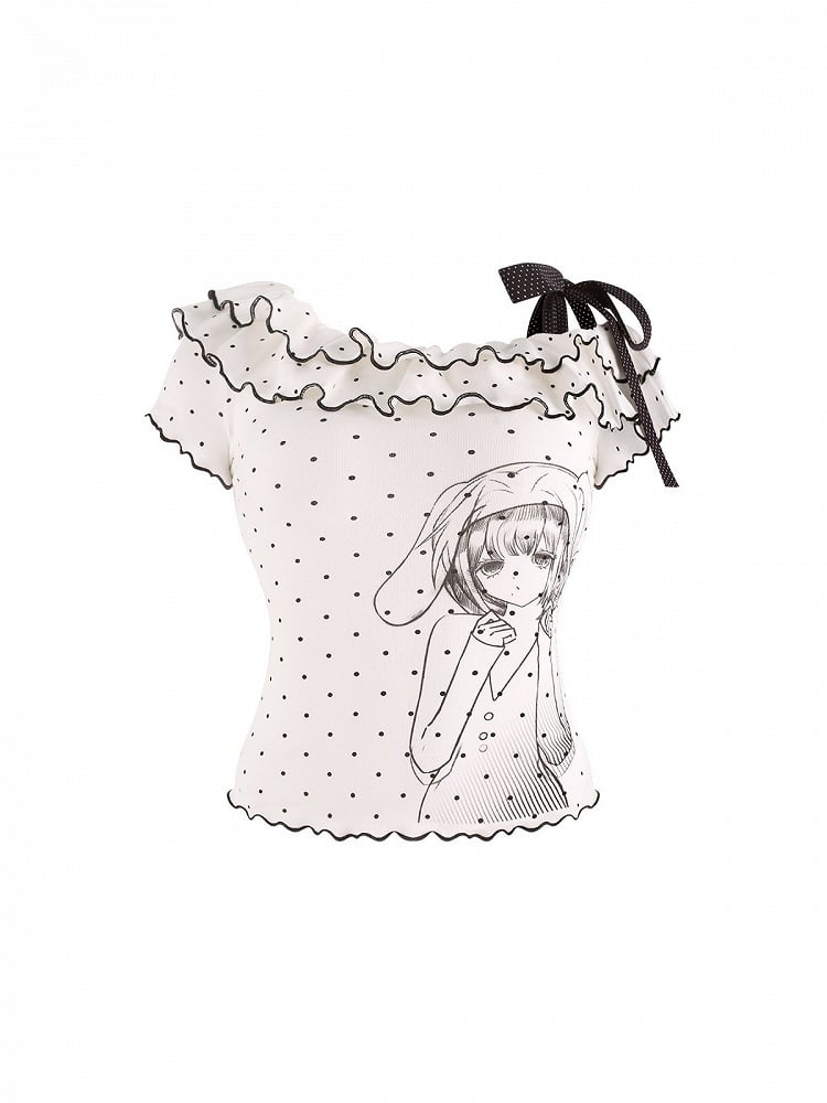 White Ruffle Asymmetric Polka Dot Top with Anime Print - serendipity