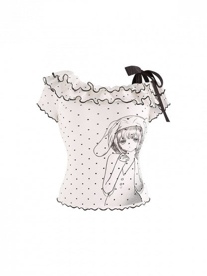 White Ruffle Asymmetric Polka Dot Top with Anime Print - serendipity