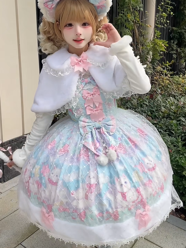 Sweet Trim with Cat Hem Lolita and Print Accents Green Bow Pink Fur Dress Light
