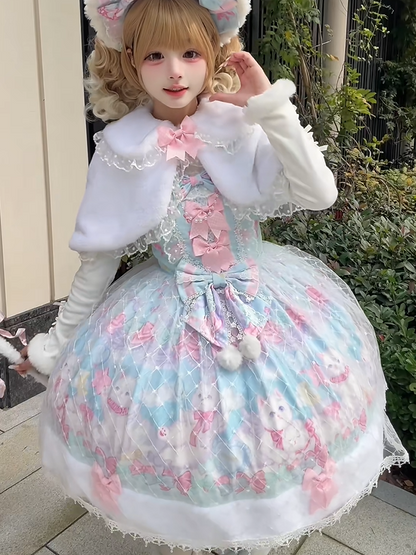 Sweet Trim with Cat Hem Lolita and Print Accents Green Bow Pink Fur Dress Light