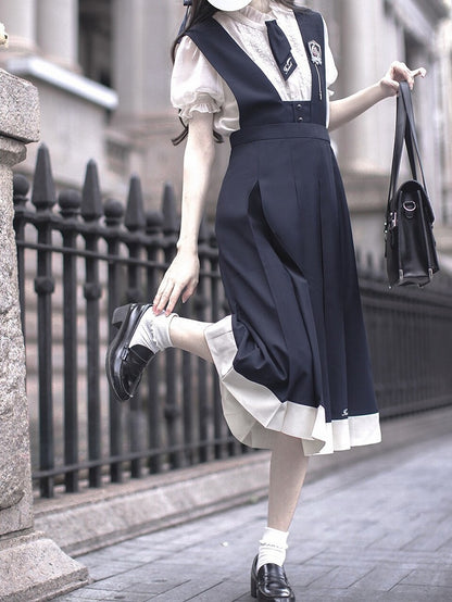 Overalls Box Stickerei Rock Blau Buchstaben mit Falte Dunkel