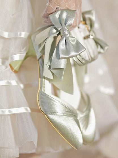 Toe Elegant Satin Heart Buckle Green High-heel with Delicate Bow in Shoes Pointed Light