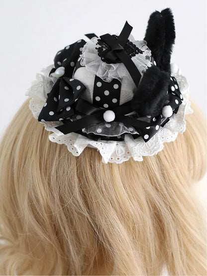 White Pom-Pom Dot Lolita - Bunny Hat Black Design Furry Ear Polka Mini