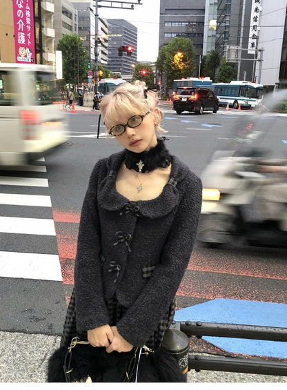 Choker with Trim and Lace Black Cross Plush Charm