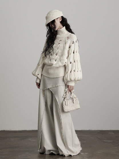 Asymmetrical Goth Frayed Apricot Pants Urban Wide-Leg Cut Striped