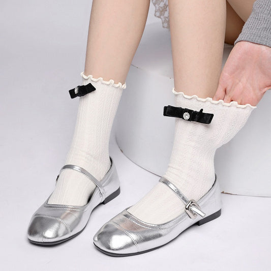 Style Ruffled Socks Lolita Black Rhinestone Bow Colors: (3