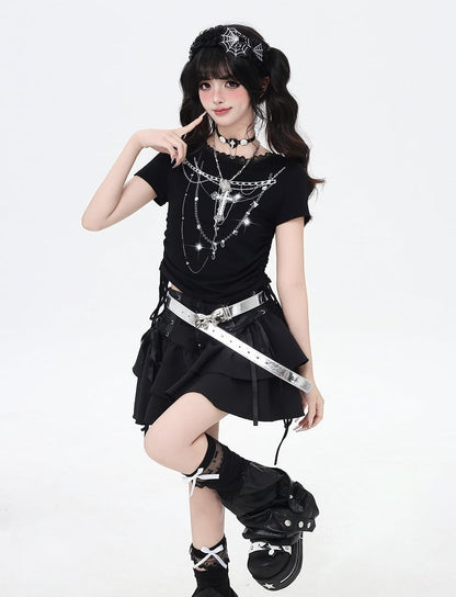 Y2K Black Cross Necklace Print Drawstring Side Lace Trim T-Shirt