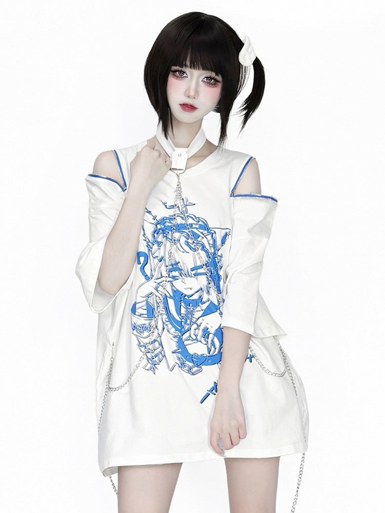 Chain Anime with Convertible Blue T-Shirt Shoulder Detachable Zip Black Choker Print White /