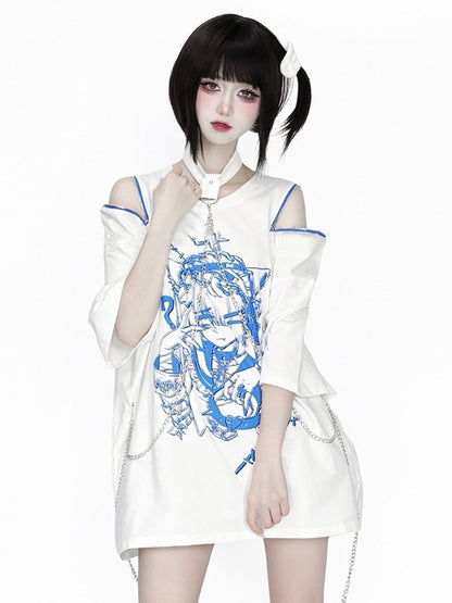 Chain Anime with Convertible Blue T-Shirt Shoulder Detachable Zip Black Choker Print White /