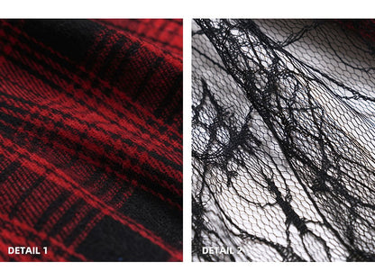 PUパッチワークのレッドブラックメッシュアシンメトリーチェックスカート