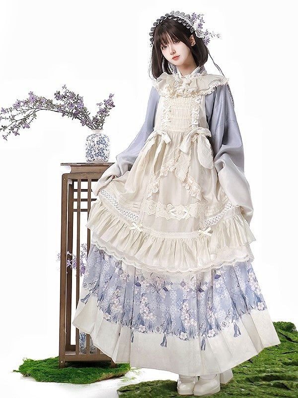Cross-Collar Skirt Set Apron + Ruffled Top Print Trimmed Floral Purple White Lace Lolita Beige