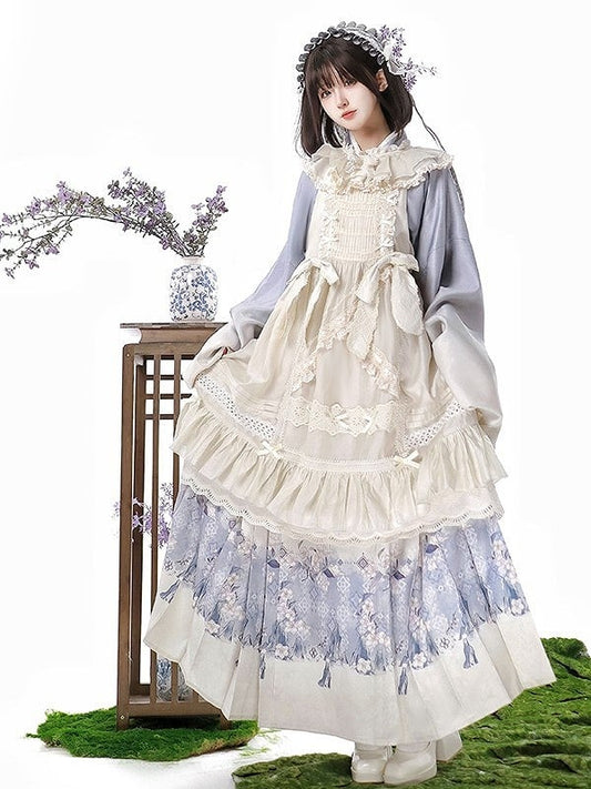 Cross-Collar Skirt Set Apron + Ruffled Top Print Trimmed Floral Purple White Lace Lolita Beige