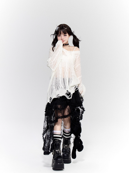 Tiered Lace Asymmetrical Hem Black Skirt with