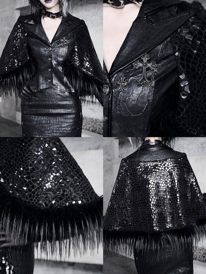 ブラックのシャープアングルノッチカラーオフィスレディふわふわヘムラインケープブレザー