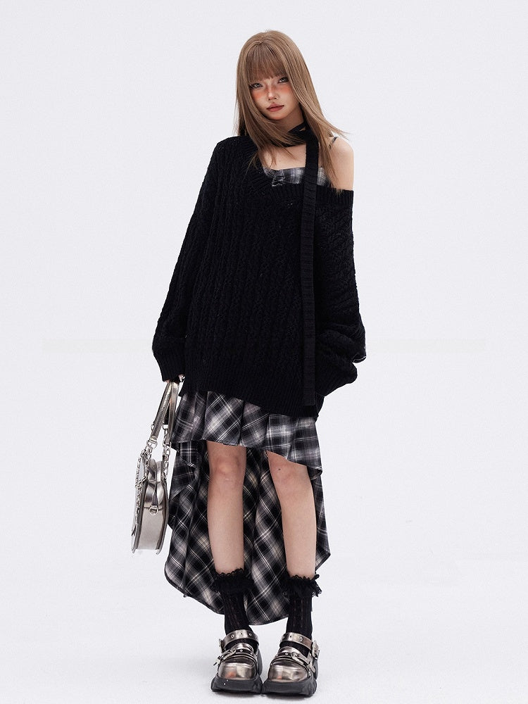 アプリコット/ブラック Vネック ホロウアウト ニットセーター