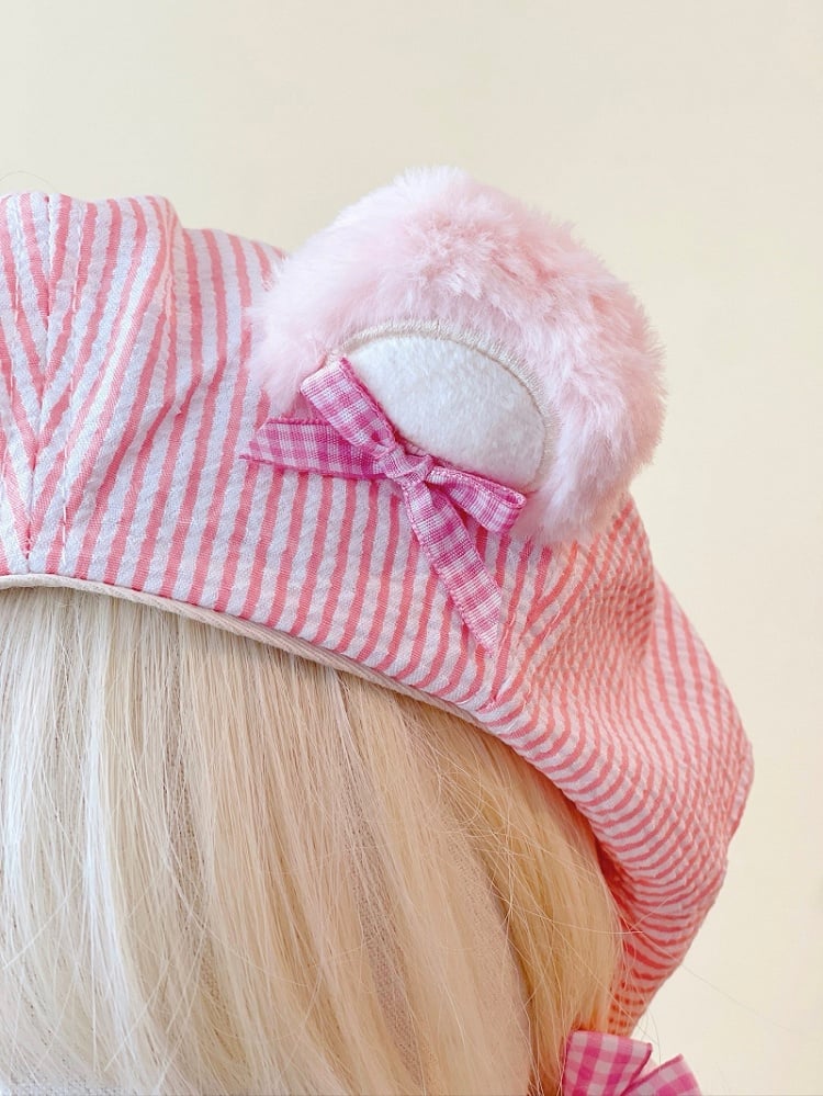 Beret Sweet with Ears Cute Plush Pink Striped Bear