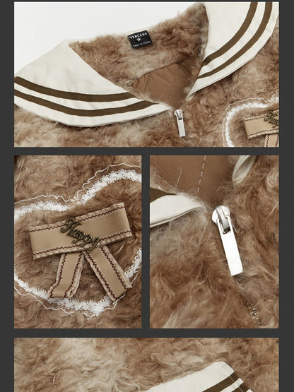 ブラック/ブラウンのセーラーカラーの蝶結びディテールのフリースジャケット