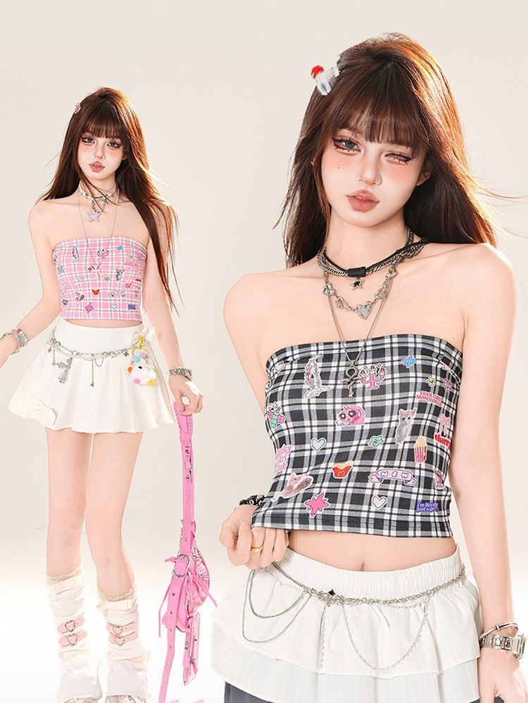 チェック柄ステッカープリント クロップド丈 ピンク/ブラック ストラップレストップ