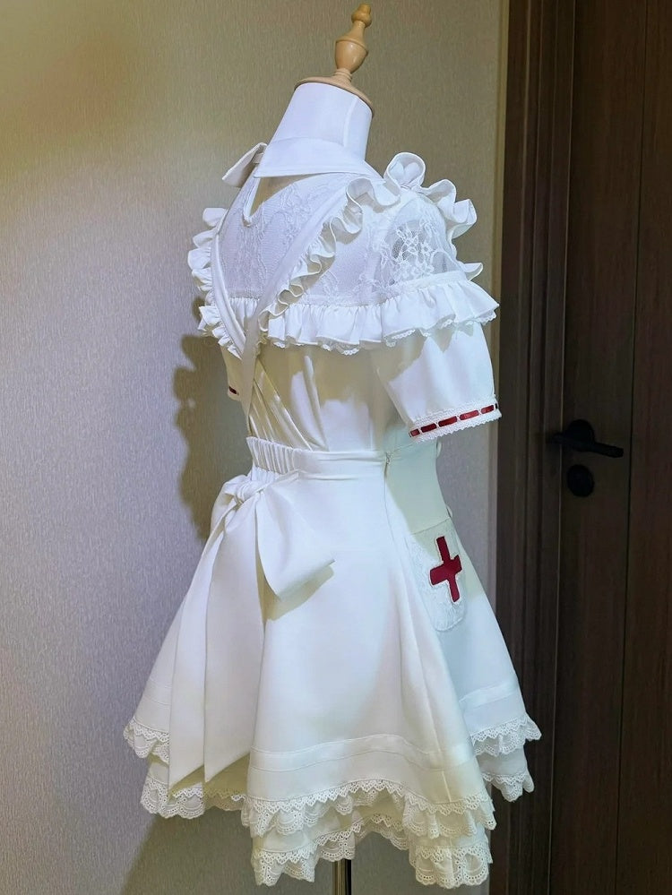 White Lace Blouse & Skirt Set with Straps & Bow - Shi Zhai Xin