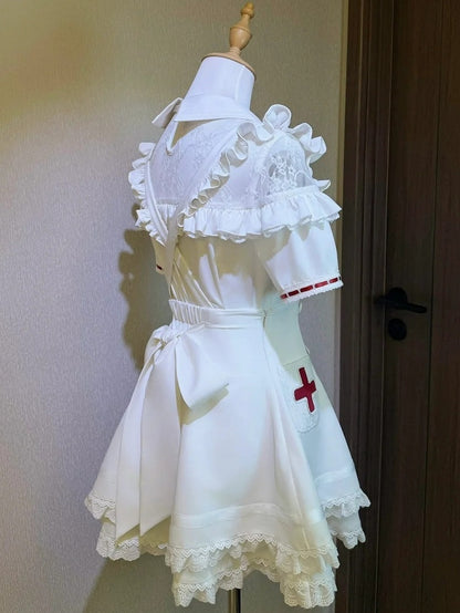 White Lace Blouse & Skirt Set with Straps & Bow - Shi Zhai Xin