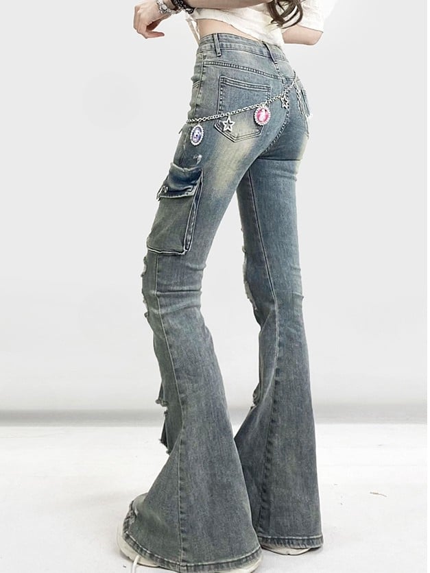 Faded Glamorous Holes Design Wash Bittersweet Silhouette Jeans Distressed Blue Flare