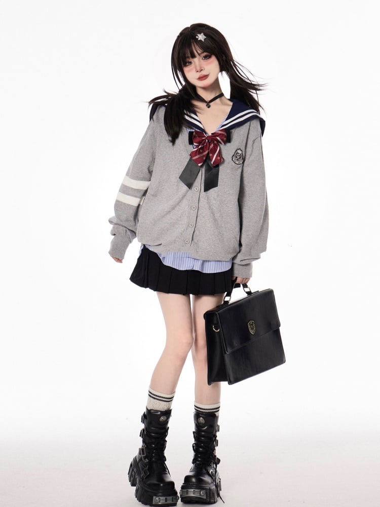 Pleated Skirt Style Double Heart Buckles Black Preppy