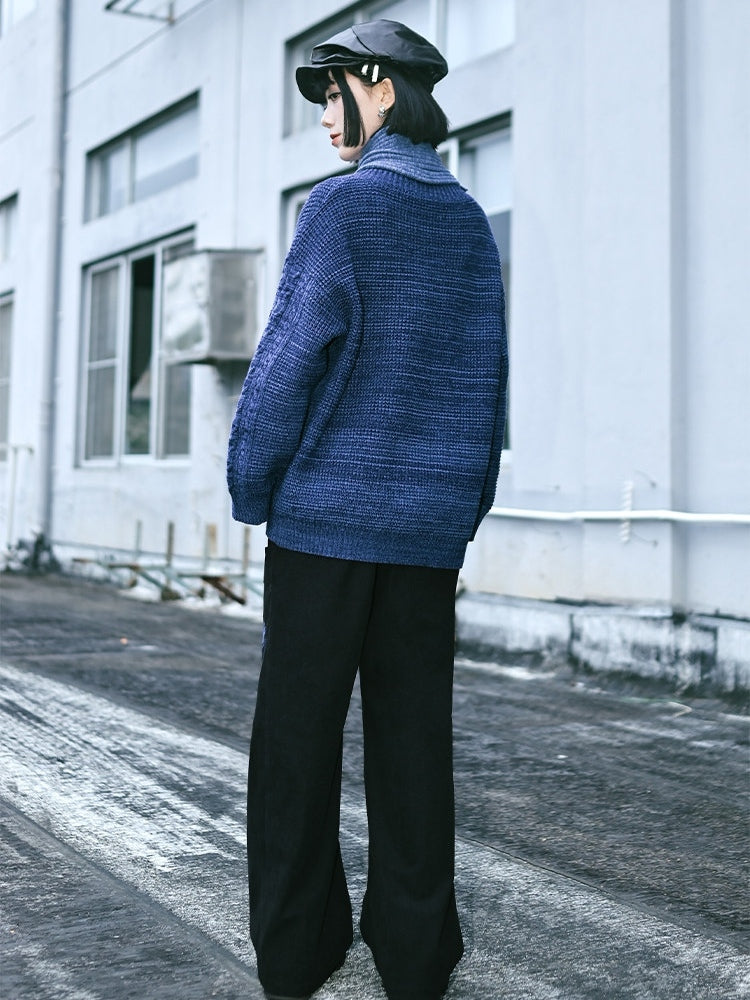 Scarf with Set Embroidery Gothic Goldfish Sweater V-Neck Blue