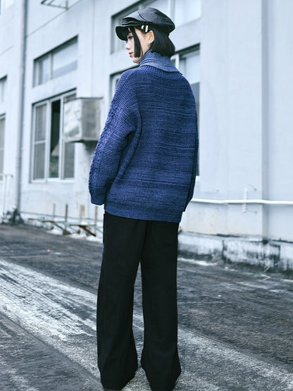 Scarf with Set Embroidery Gothic Goldfish Sweater V-Neck Blue