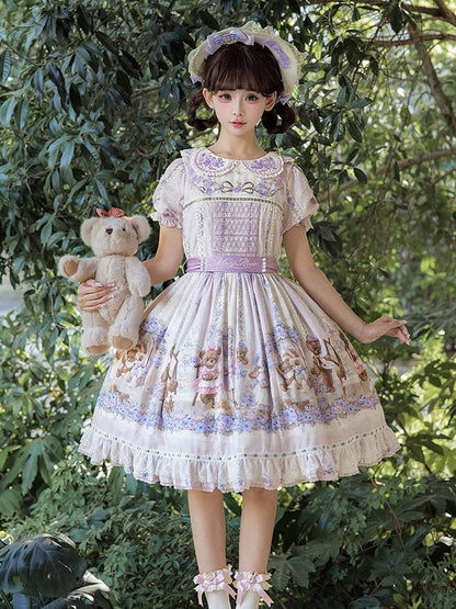 Cute Bear Print OP Dress with Purple Floral Embroidery, Doll Collar & Puff Sleeves - Stars Fall on the Foggy Island