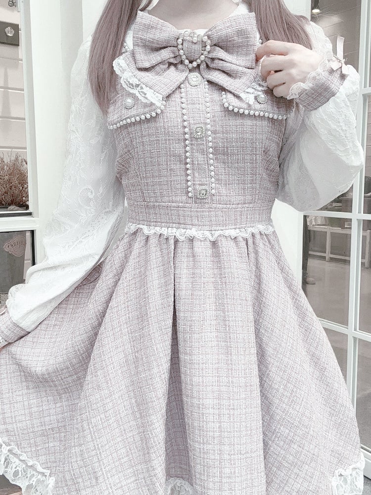 Pink Beadwork Detailed Tweed Dusty Jirai - Kei Dress