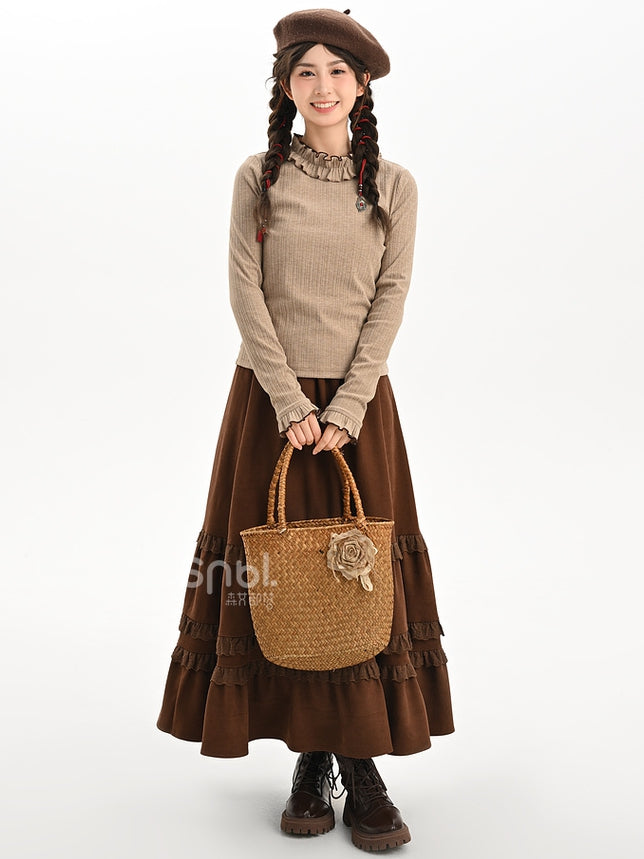 Brown Lace Trim Ankle Length Skirt