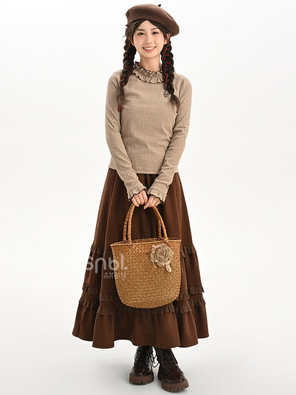 Brown Lace Trim Ankle Length Skirt