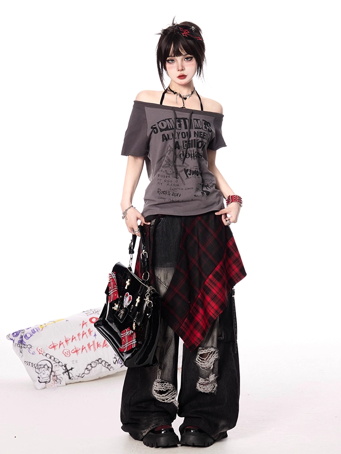 Neckline Gray/Apricot Design Graphic Colorblock Asymmetrical T-shirt Self-tie