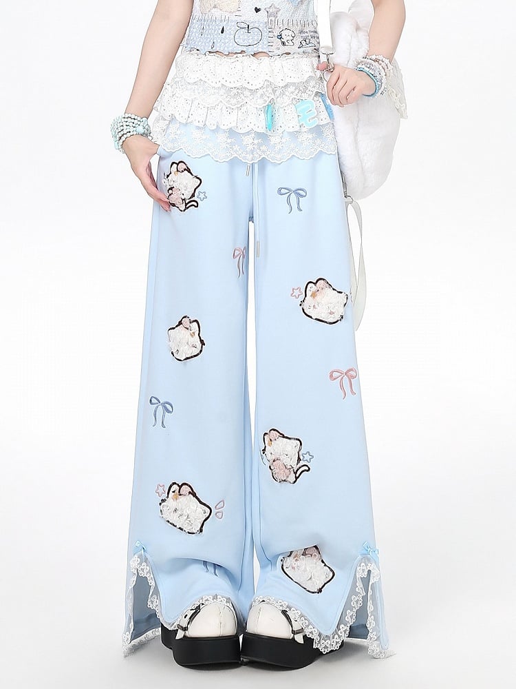 Plush Cat Embroidery Blue Slit Straight Leg Pants - CRAZY GIRL