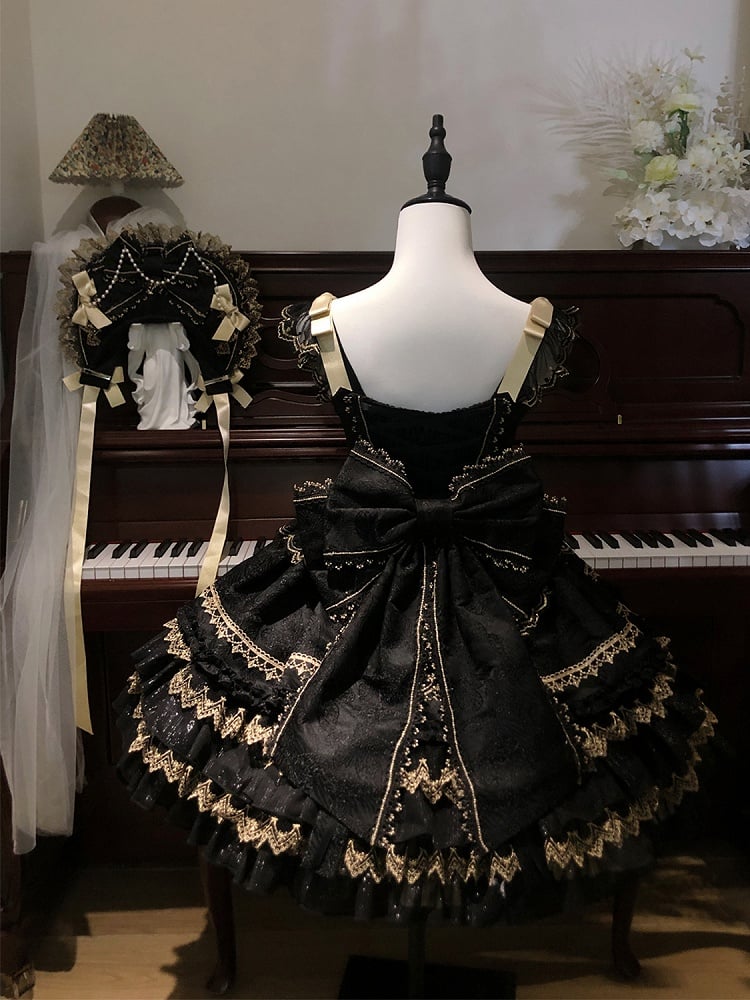 Perlen Schwarz Prinzessin Verziert Kleid Schleifen Lolita Stufenrock Kette