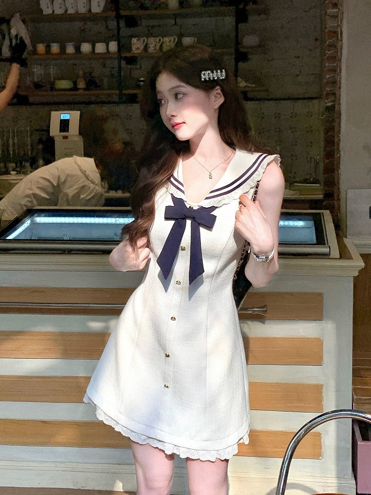 Beige Blue Sailor Collar Lace Trim Dress - Qchiwawameme