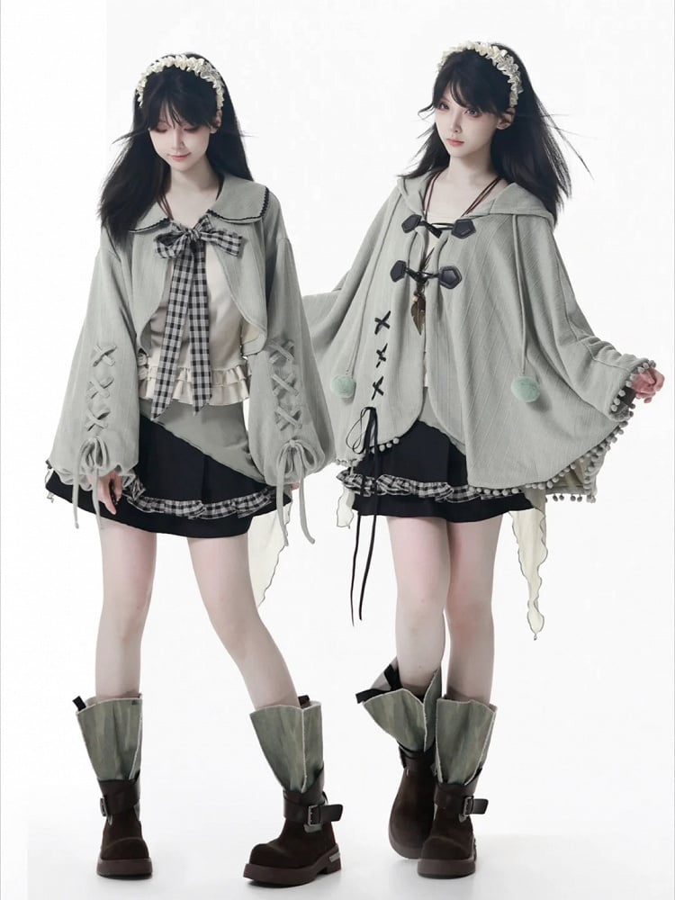 Lace-Up Dusty Set Pan Knit Gray Collar Kei and Cami with Sleeves Beige Peter Cropped Top Mori