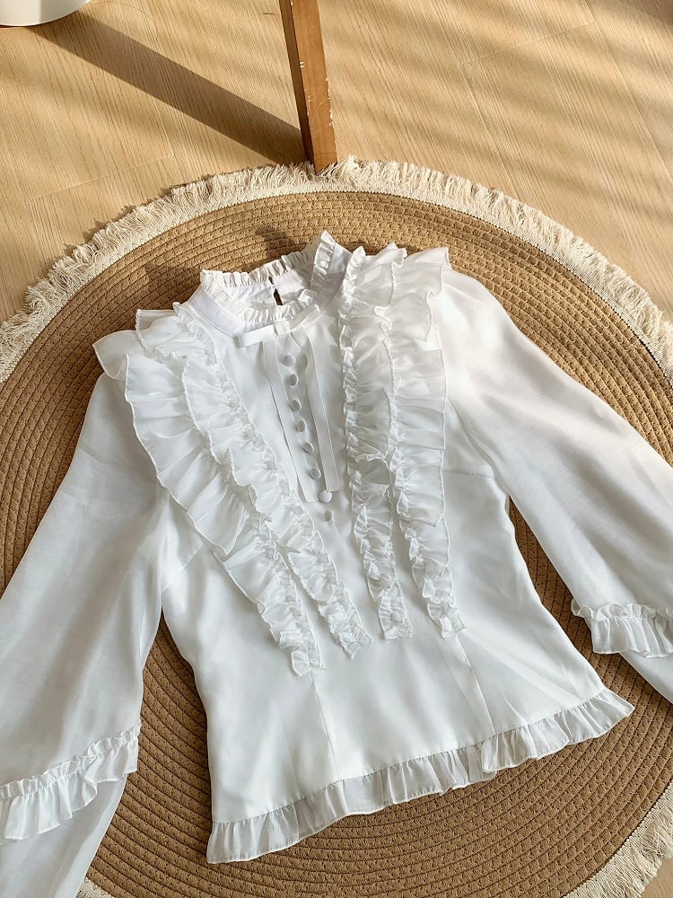 White Balloon Sleeve Blouse with Ruffle Accents and Rose Brooch - With PUJI